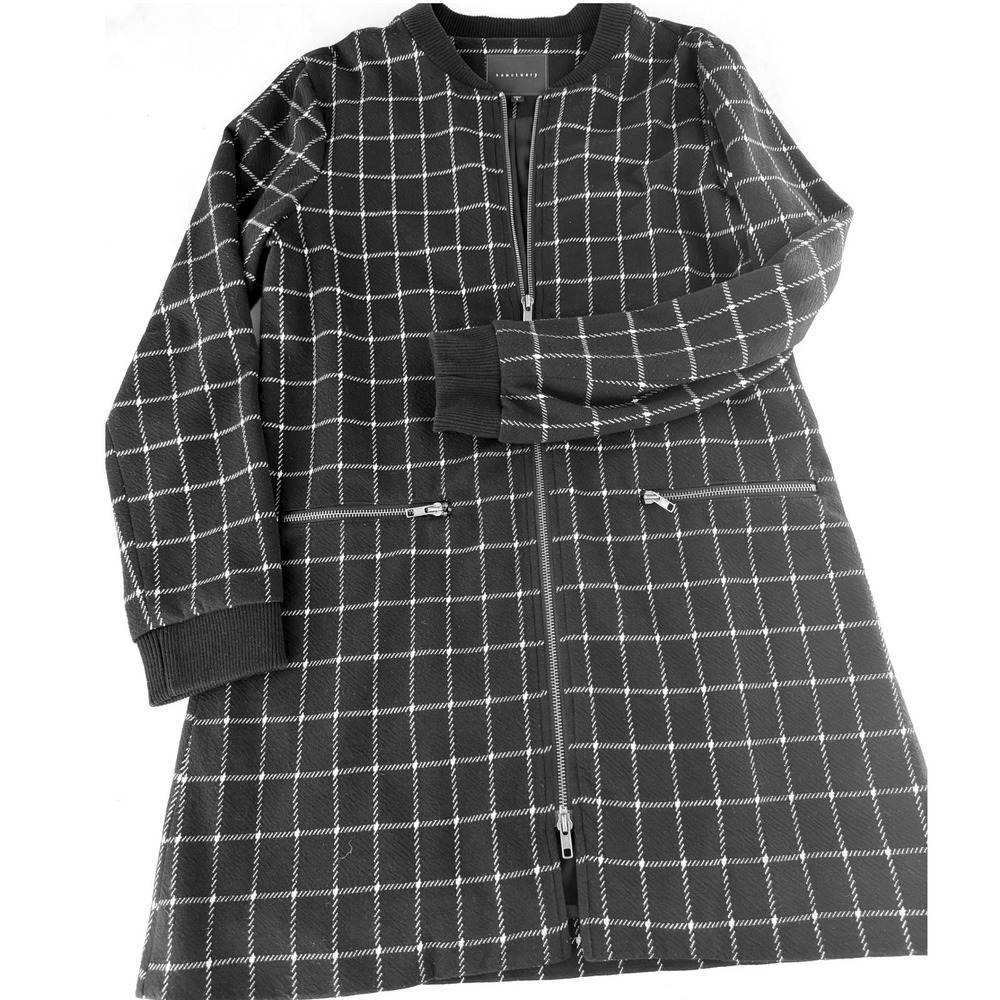 Sanctuary Women Black White Windowpane Plaid Longline Bomber Jacket Coat Size L